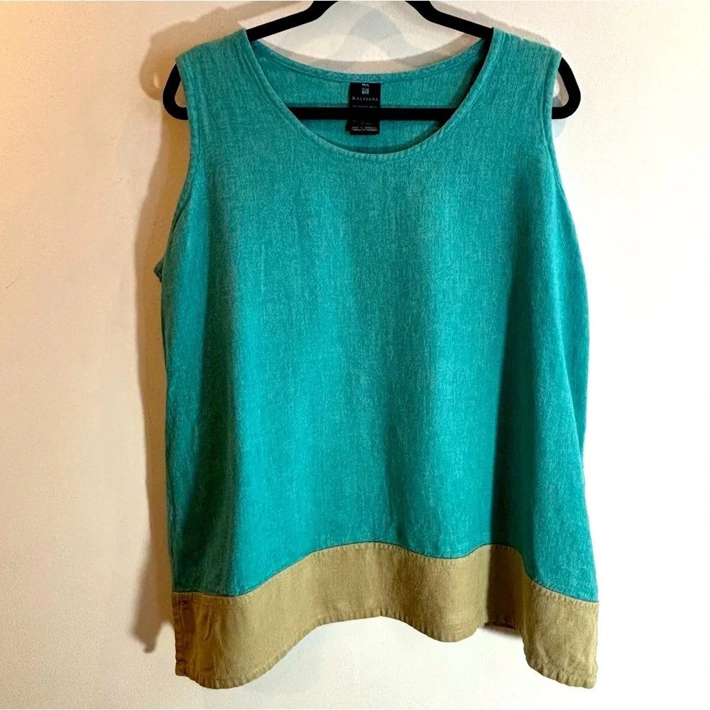 KALIYANA SZ M-L Crew Neck Colour Block  Side Slit Linen Rayon Blend Tunic Top